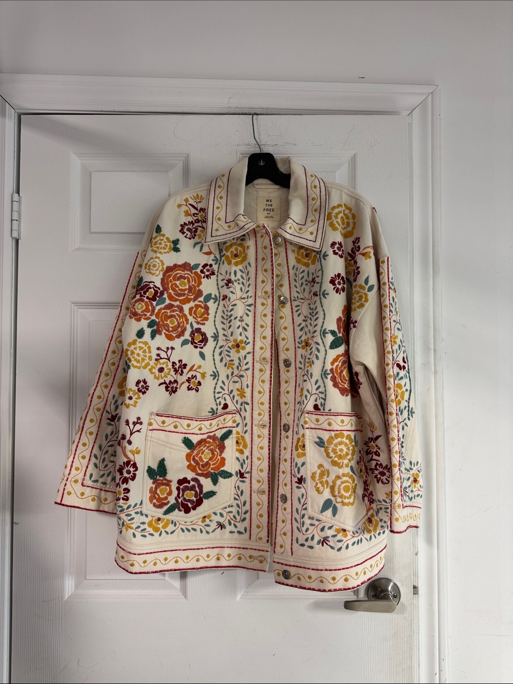Floral Embroidered Cream Denim Jacket with Yellow & Rust Flowers
